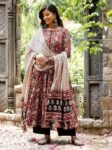 ANNI DESIGNER Women's Cotton Blend Anarkali Printed Kurta with Pant & Dupatta