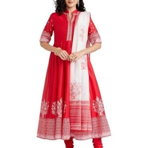 BIBA Women Cotton Anarkali Printed Kurta Churidar Suit Set