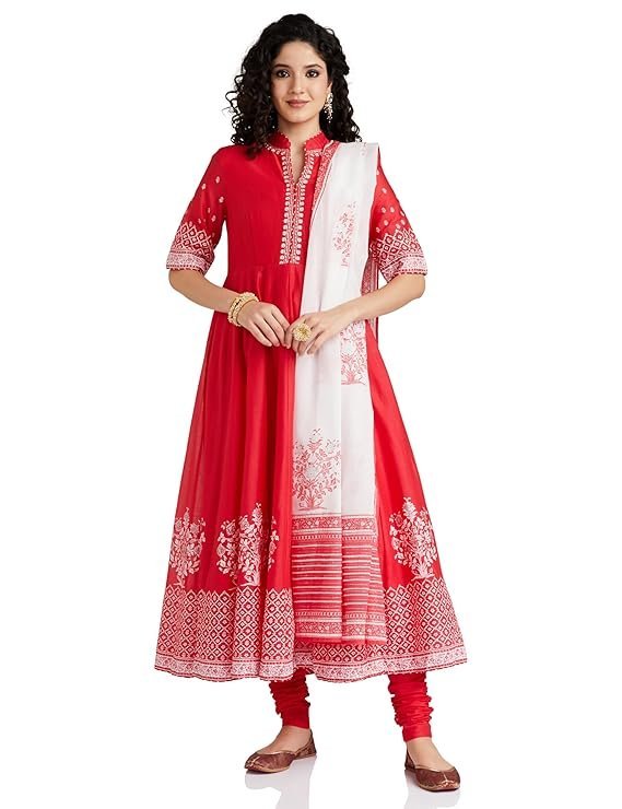 BIBA Women Cotton Anarkali Printed Kurta Churidar Suit Set