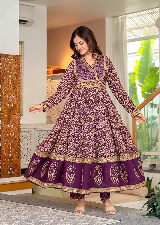 Pistaa's Women's Pure Cotton Anarkali Floral Printed Hand Work Kurta with Pant & Dupatta Set