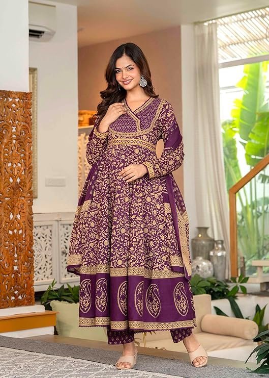 Pistaa's Women's Pure Cotton Anarkali Floral Printed Hand Work Kurta with Pant & Dupatta Set