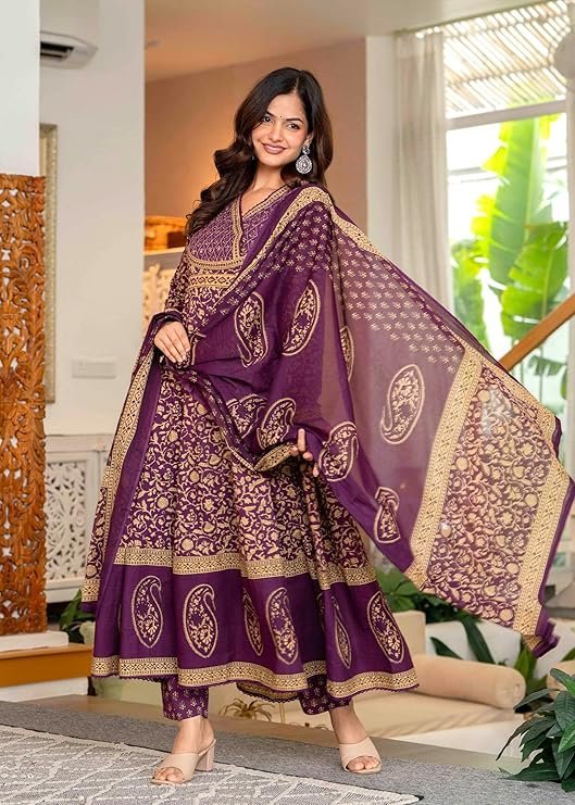 Pistaa's Women's Pure Cotton Anarkali Floral Printed Hand Work Kurta with Pant & Dupatta Set