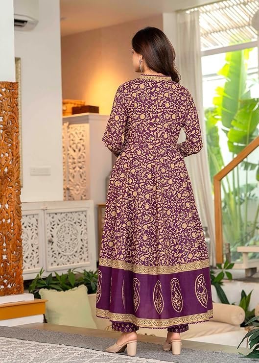 Pistaa's Women's Pure Cotton Anarkali Floral Printed Hand Work Kurta with Pant & Dupatta Set